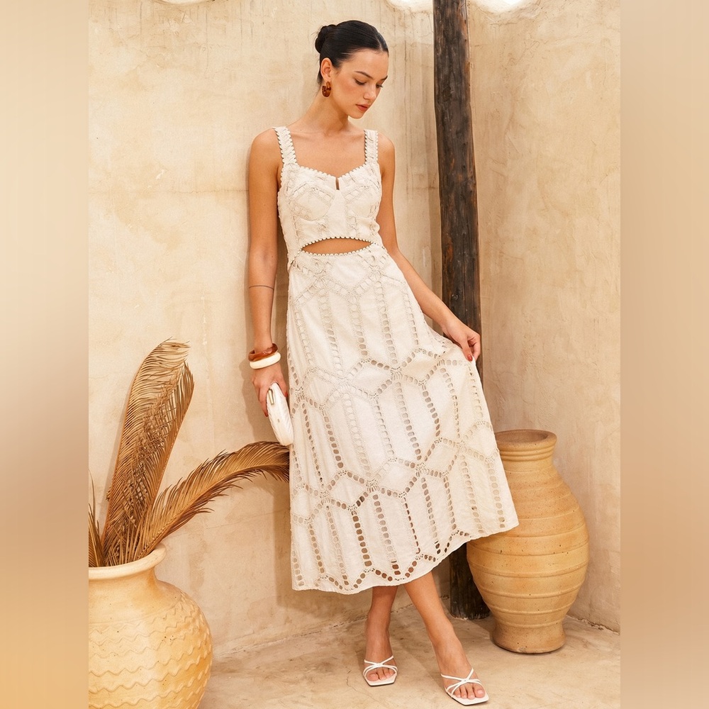 Commense Eyelet Embroidery Cutout Waist Midi Dress